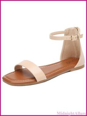 Women's Ankle Strap Flat Sandals with Back Zipper Square Open Toe One-Band